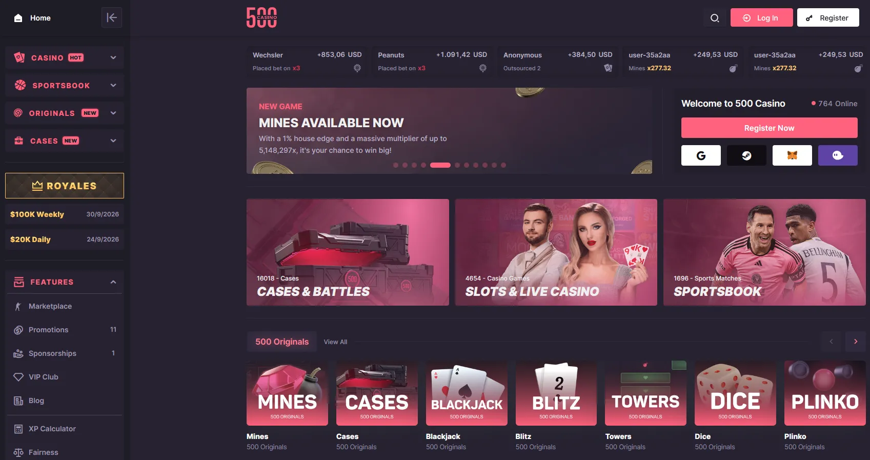500 Casino desktop casino and account experience